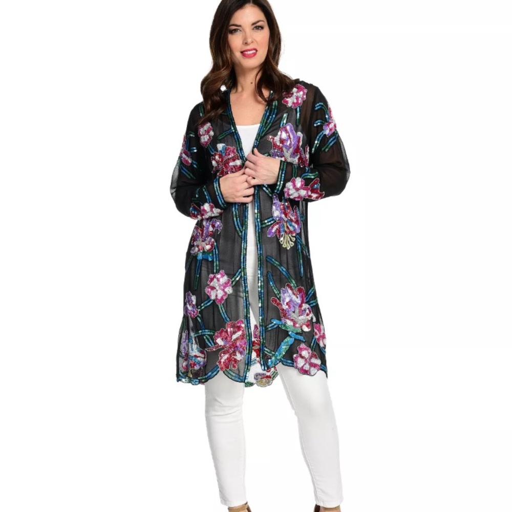 Women’s Indigo Moon Woven Chiffon Open Front Beaded & Sequined Duster Cardigan